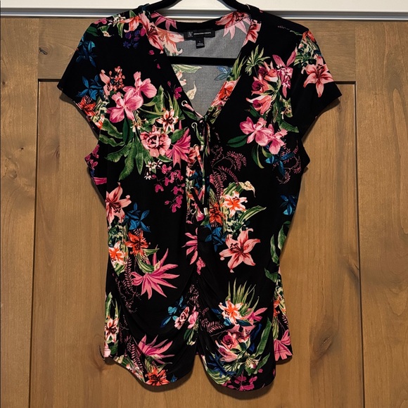 I.N.C. Floral printed lace up Rouched slinky blouse Top Womens L stretch office - Picture 1 of 12